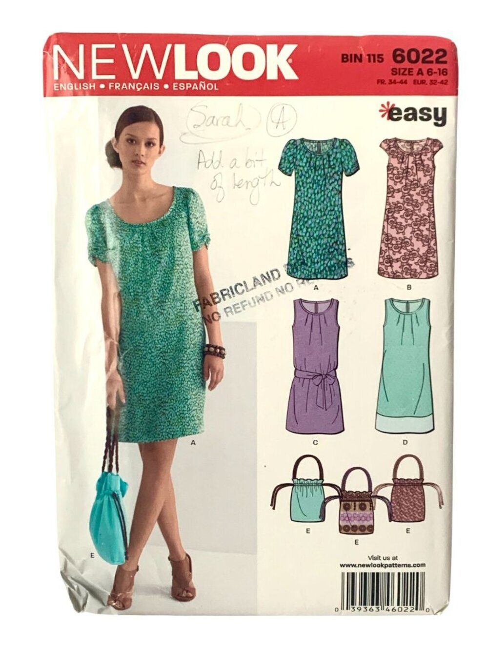 New Look Pattern 6022 Misses Summer Dress Drawstring Purse Uncut Size 6 8 10 12